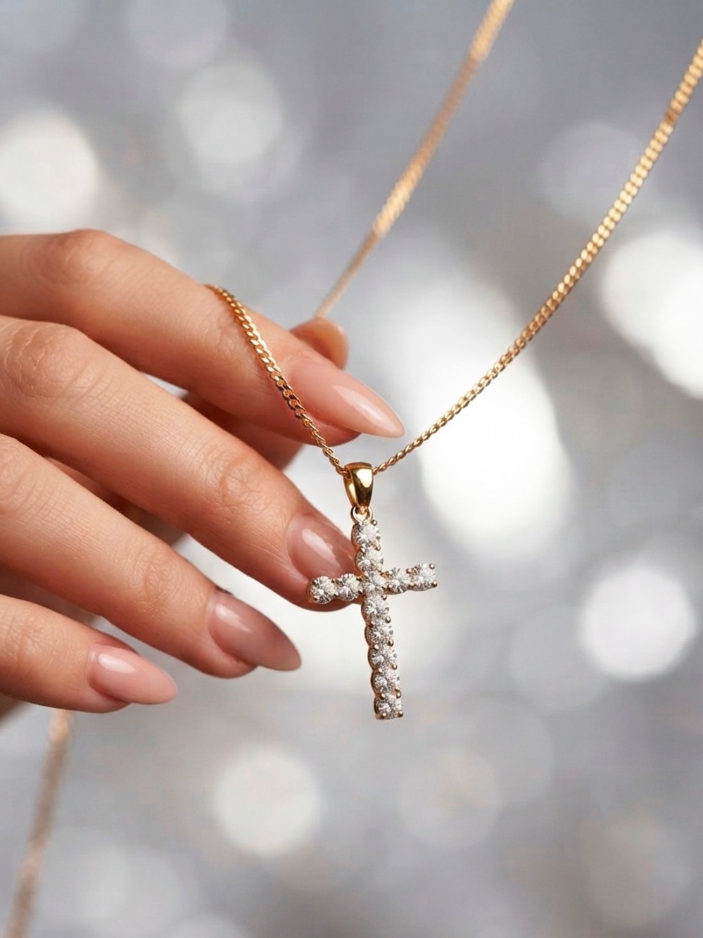 Women’s Gold Cross Pendant Necklace with Cubic Zirconia, 18K Gold Plated, Gift
